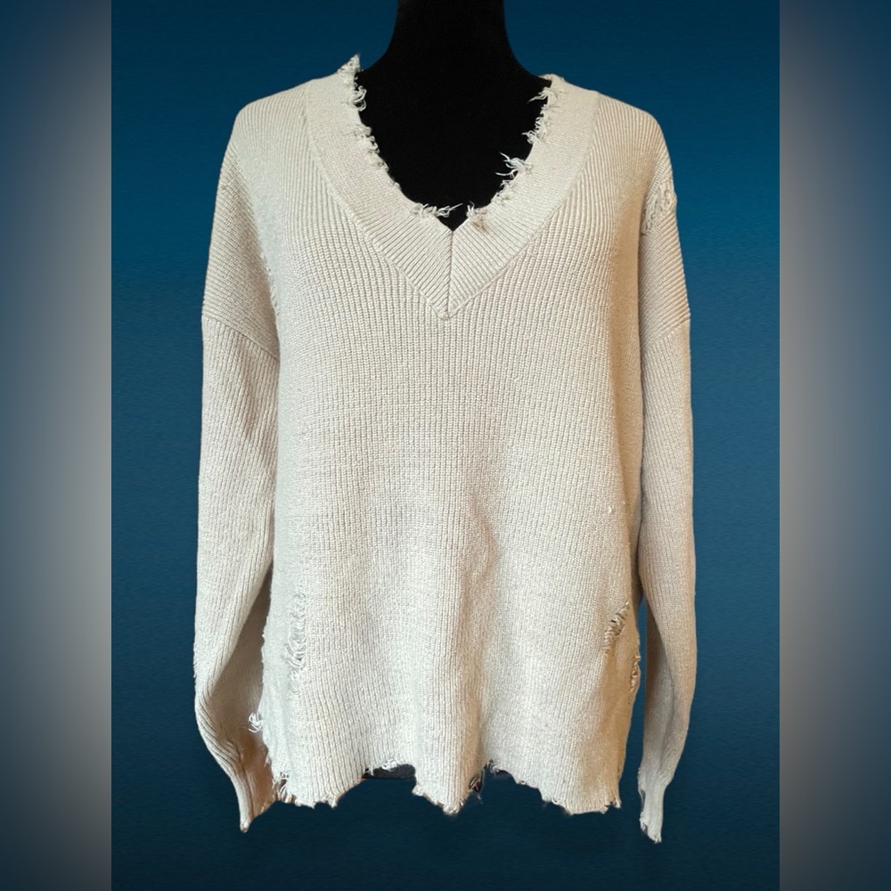 Forever 21 Women’s Distressed Knit Sweater Beige Tan M Oversized Slouchy V-Neck